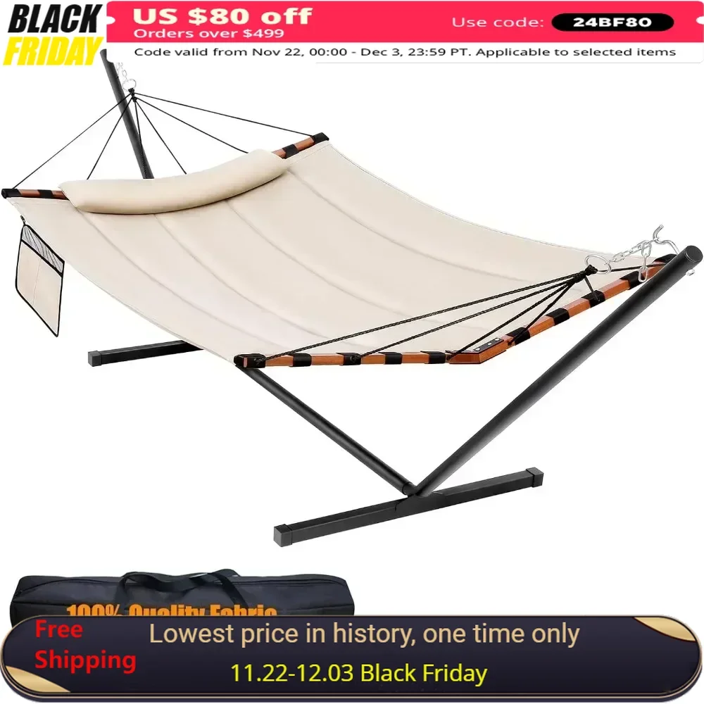 

Hammock with Stand Included 55 X 79IN Large Hammock with Hardwood Spreader Bar & Nylon Rope for Outside-Camping Hammock