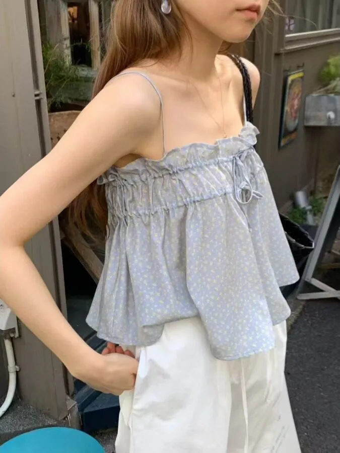 Sweet Floral Print Drawstring Strap Vest Top Women's Summer Fashion Bloggers Style Short Regular Fit Polyester Fiber