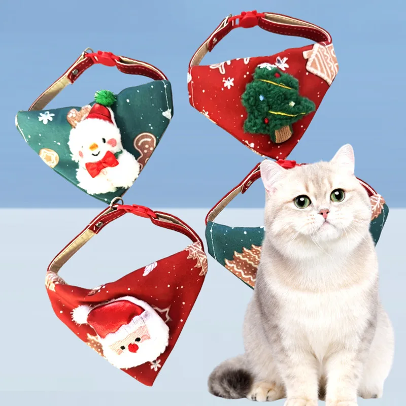 Pet Christmas Scarf and Tree Skirt Set Santa and Snowman Plaid Pet Headscarf with Matching Festive Home Decorations Xmas Dog Cat
