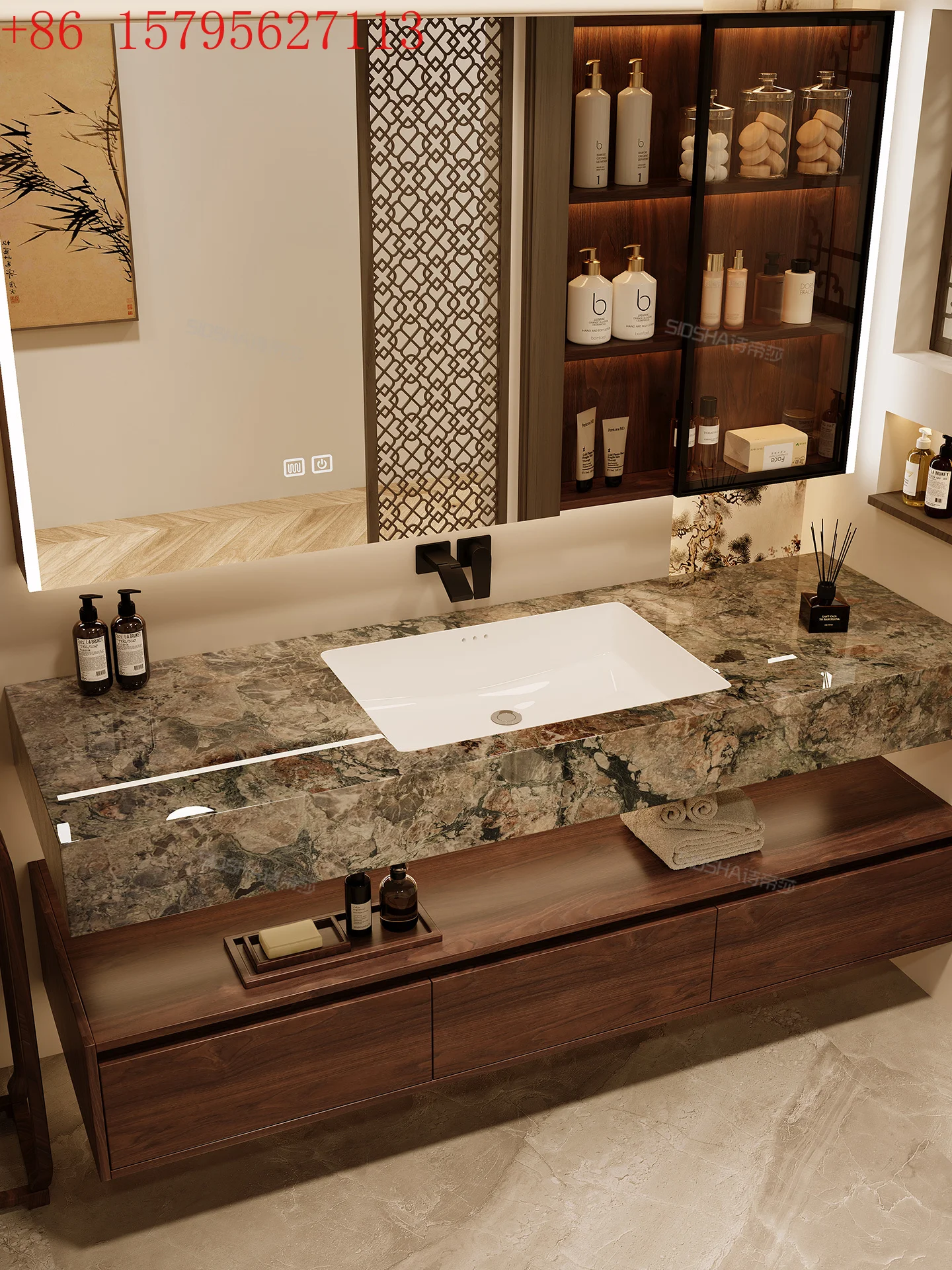 

Бесшовная керамическая раковина из каменной плиты, эстетический двухслойный разделенный резиновый деревянный шкаф для ванной комнаты Song's