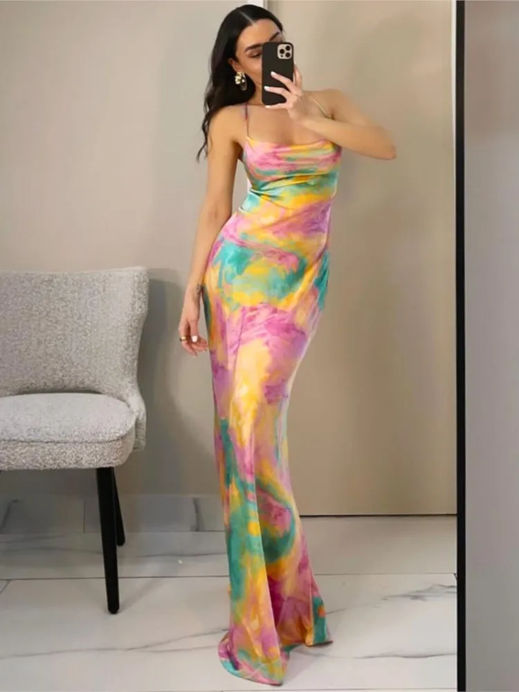 

Color Tie Dye Print Slim Spaghetti Strap Dresses Women Sexy Low Cut Backless Leace-up Bodycon Party Night Club Long Dress Female