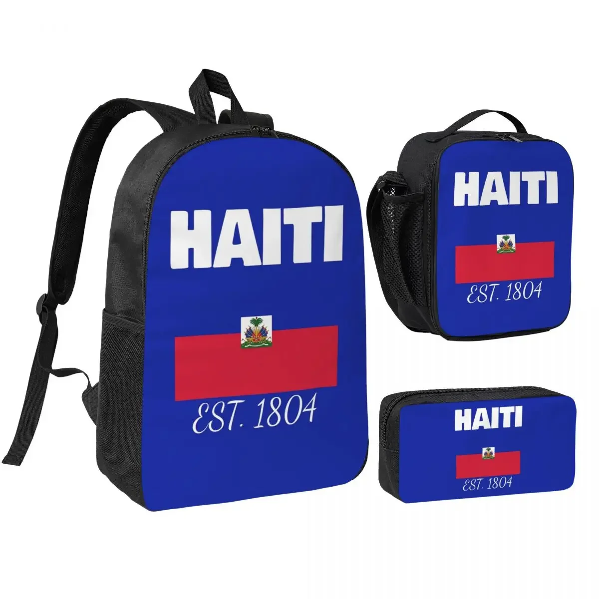 Haiti EST. 1804 Independence Haitian Flag Merch Backpack BookBag School Bag Computer Shoulder Bags 3ps Lunch Bag Pencil Case