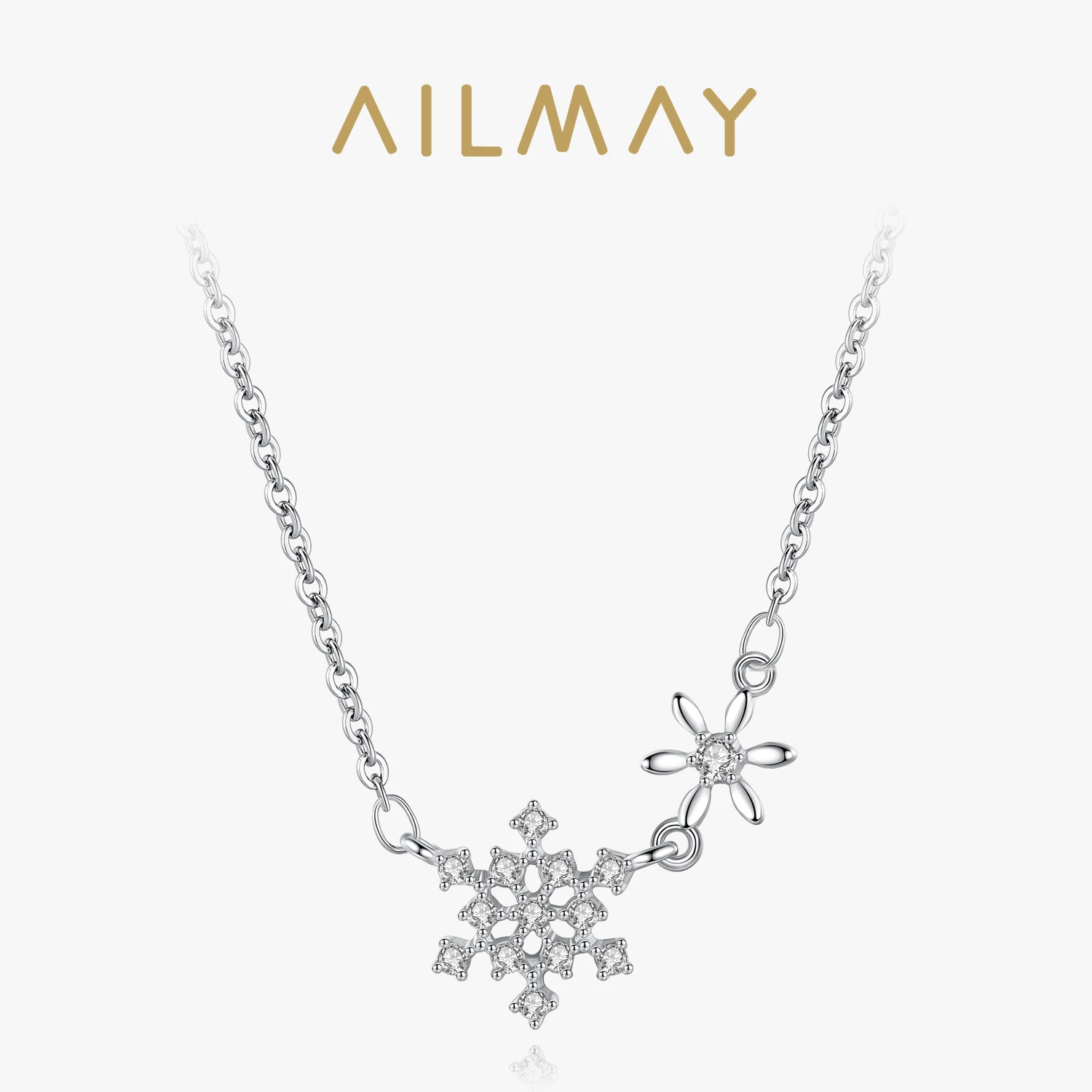 Ailmay Genuine 925 Sterling Silver Dazzling Clear CZ Simple Snowflake Shape Pendant Necklace Fine Female Fashion Jewelry