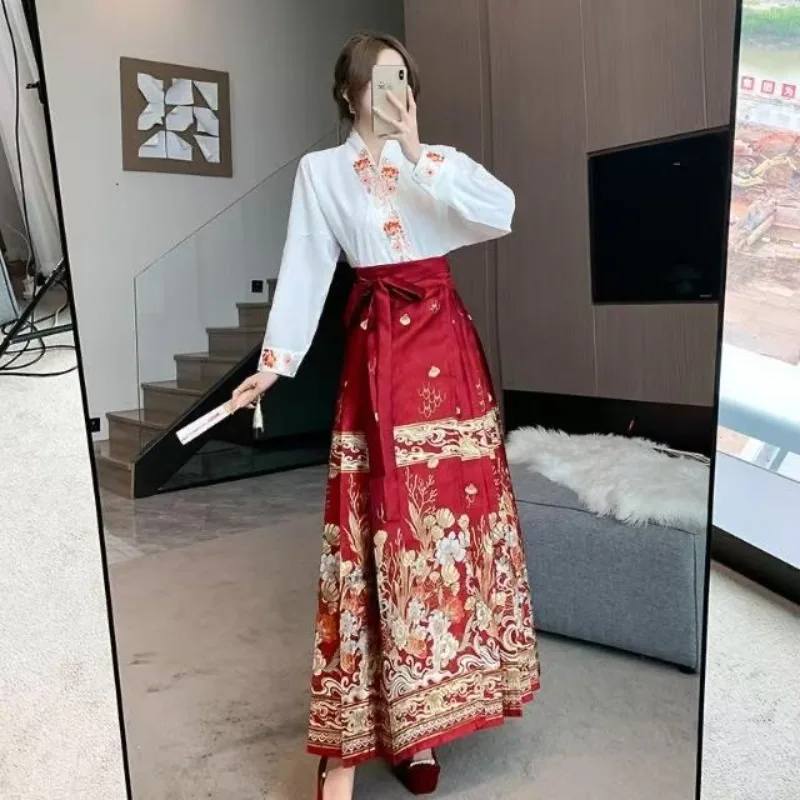 

Новый женский комплект в китайском стиле: вышитый топ, юбка-«лошадиная морда», повседневный наряд для выступлений, весенне-осенний женский ханьфу-«русалка»