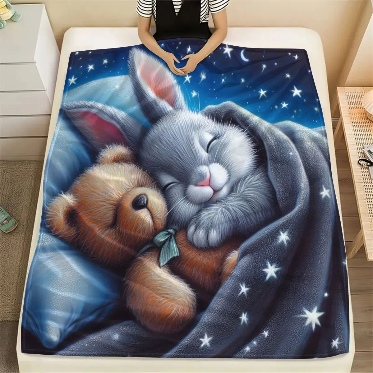 Cozy Flannel Blanket with Sleeping Bunny & Teddy Bear Starry Night Design - Soft Warm All-Season Throw for Sofa, Bed, Office, Ca