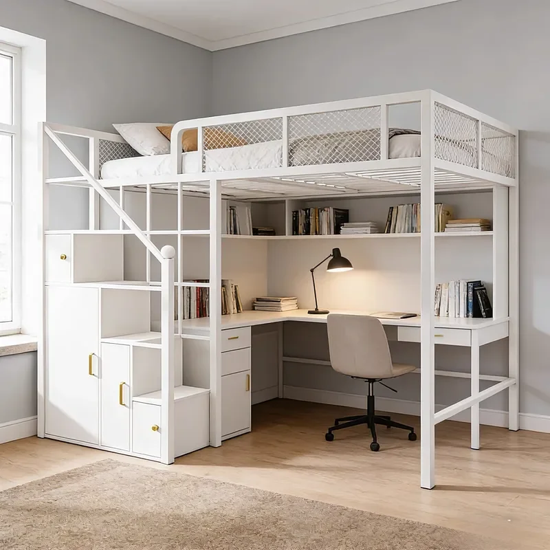 Wrought Iron Elevated Loft Bed with Desk Multifunctional Space Saving Single Double Bed Modern Simple Creative Design