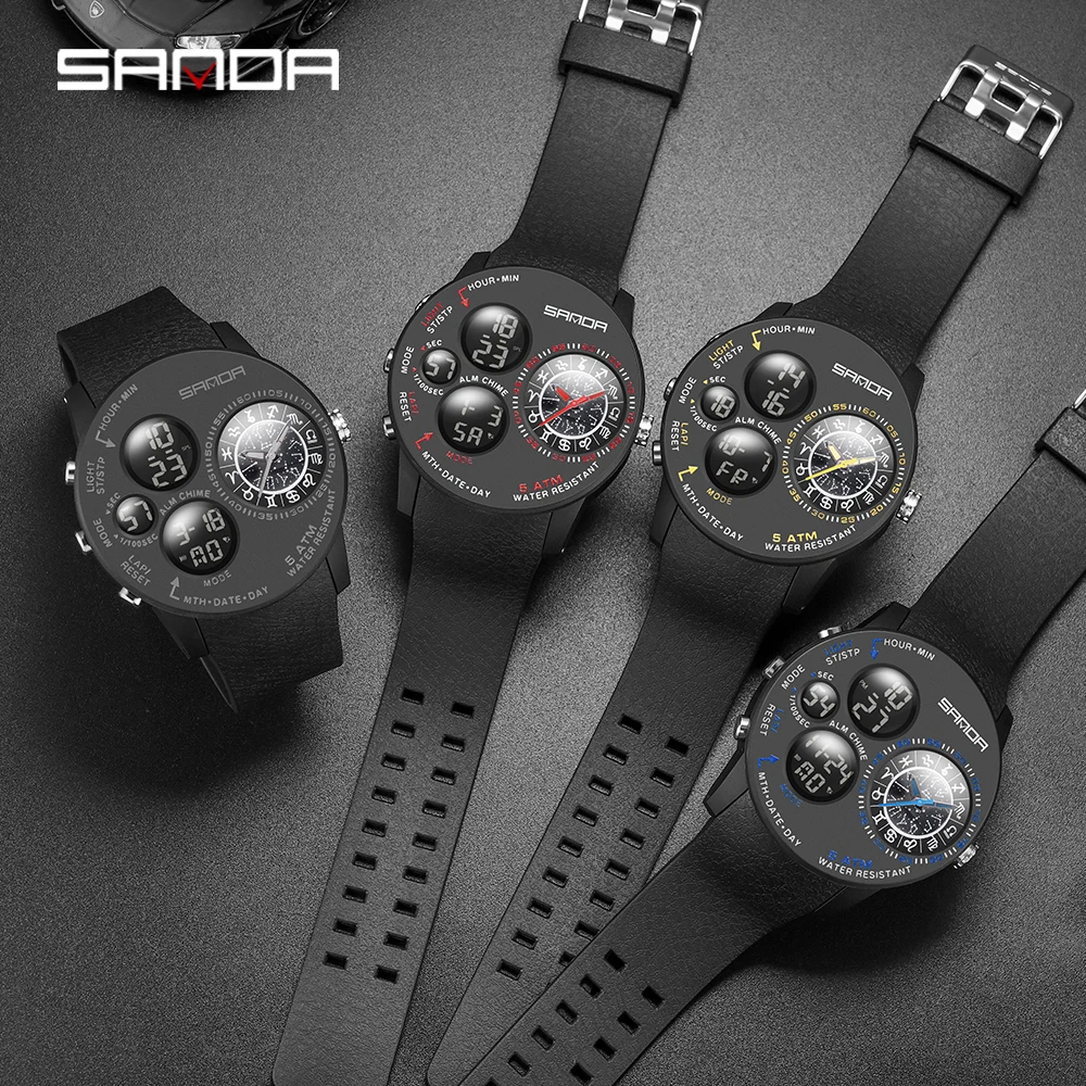 SANDA 2024 Fashion Outdoor Mens Watches Top Brand Military Sports Quartz Watch Dual Display Creative Wristwatch Waterproof Clock