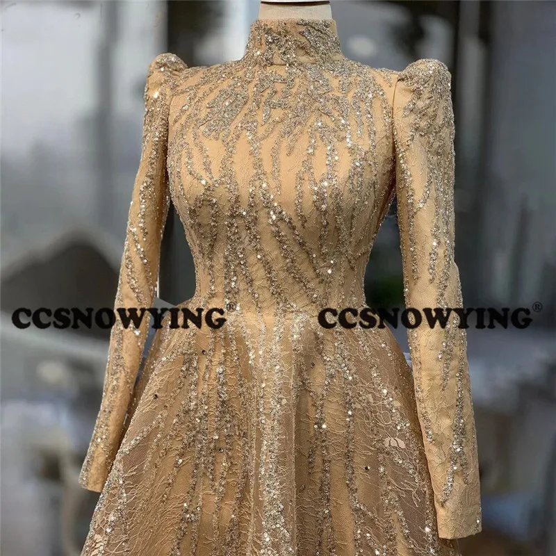 Champagne Lace Beaded Long Sleeve Muslim Evening Dress High Neck Islamic Formal Party Gown Women Hijab Arabic Robe De Soiree