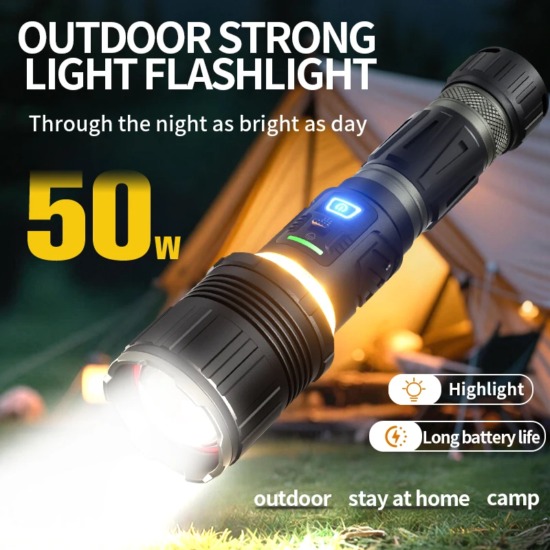 50W Rechargeable White Laser Flashlight High Power Bright Beam Long Distance Lotus Shaped Window Breaker Flashlight