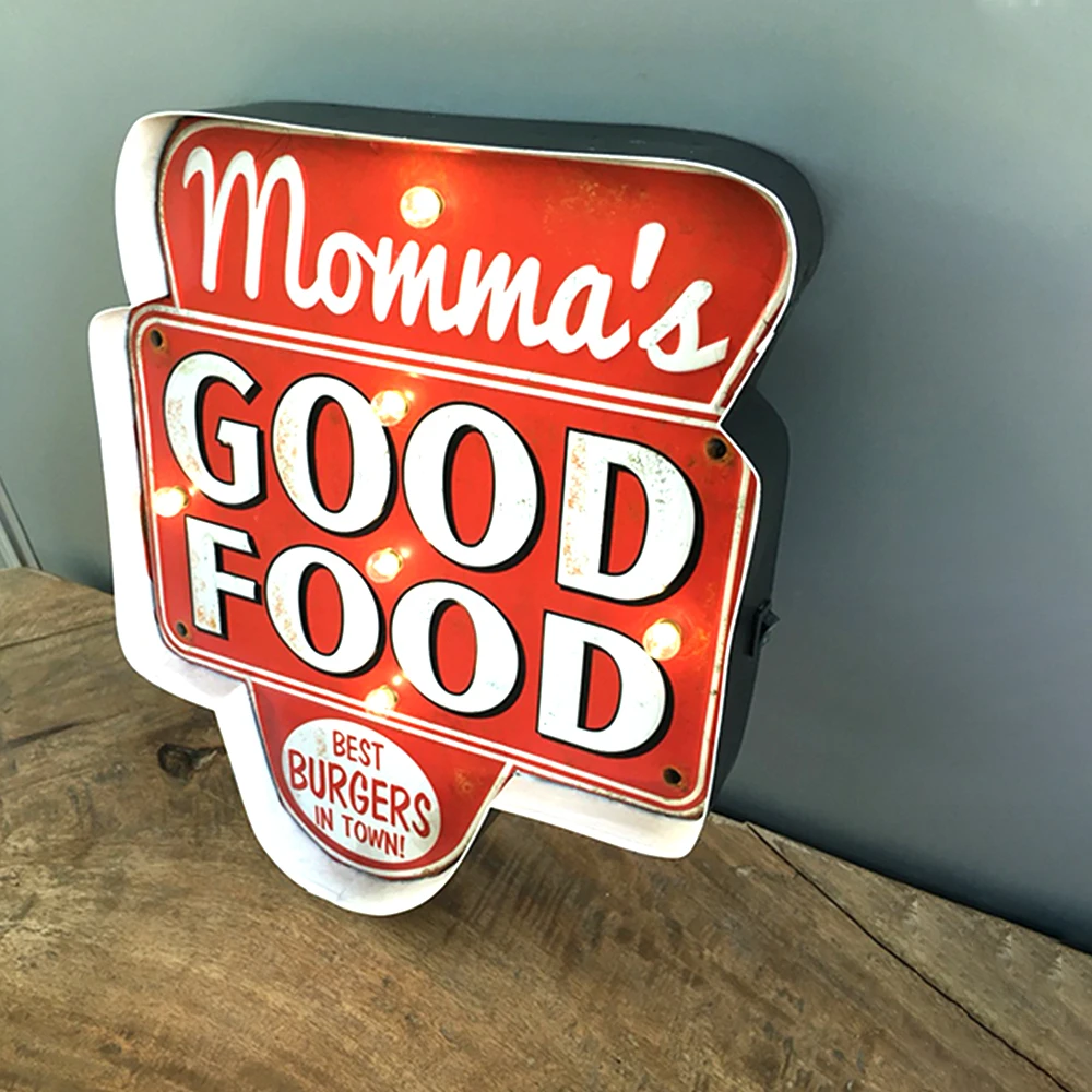 Mama's Good Food, Vintage Restaurant Light Up Wall Signs, Retro Luminous Restaurant Metal Sign for Bar,  Cafe, Wall Decoration,