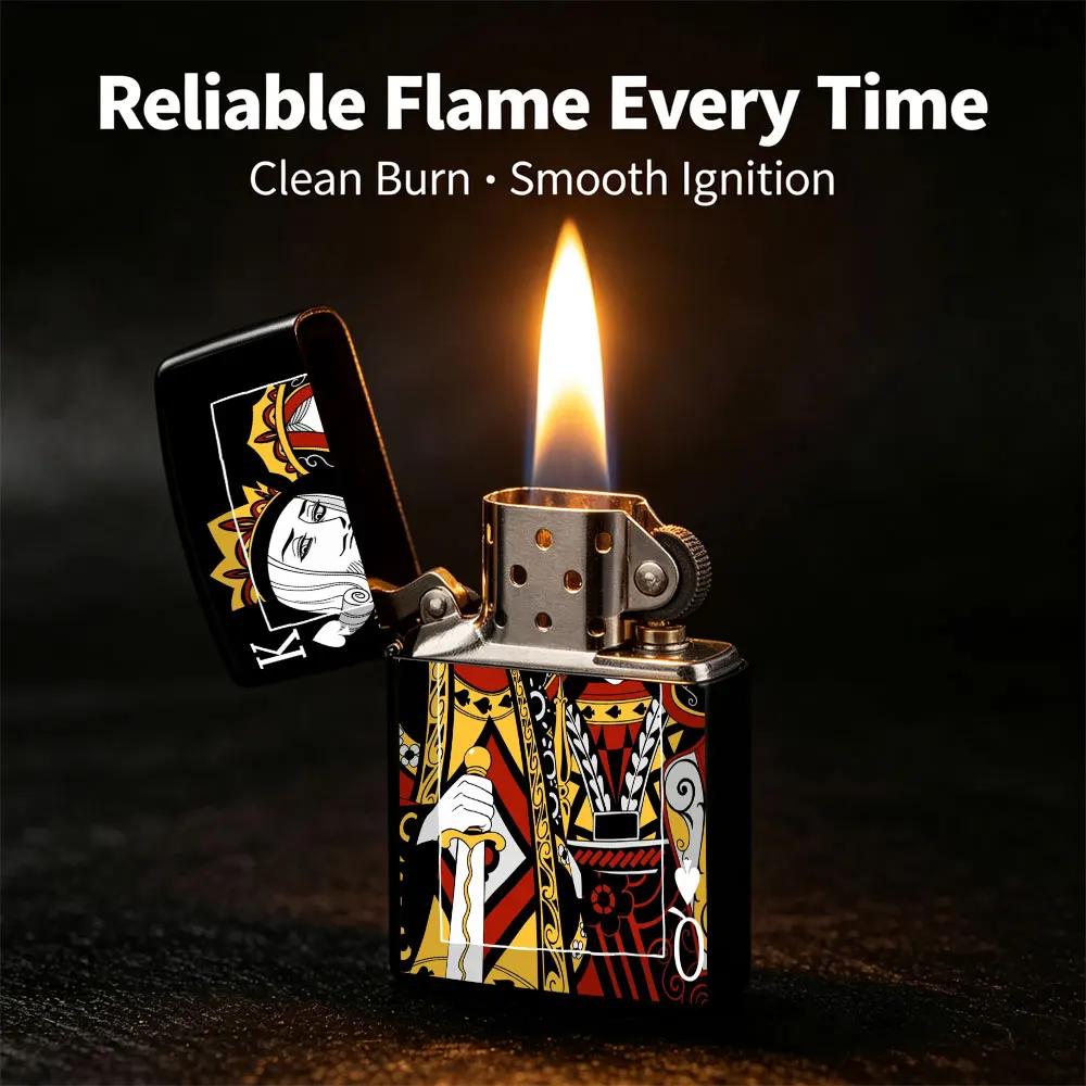 Pocket Lighter, Flip-Top Windproof Design, Playing Card Queen & King Print, Metal Case, Comfortable Grip, Adjustable Flame, Ideal for Daily Use & Gift Giving