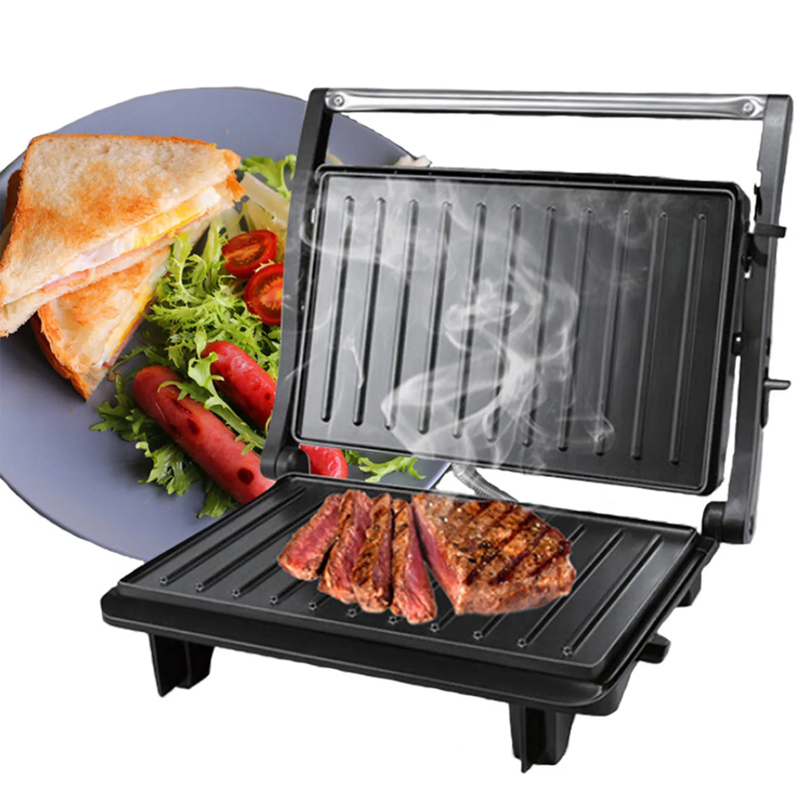 Elektrischer Steak-Grill, doppelseitig, schnell erhitzend, elektrischer Panini-Pressgrill aus Aluminium für Sandwich-Frühstück, 110–120 V, USA