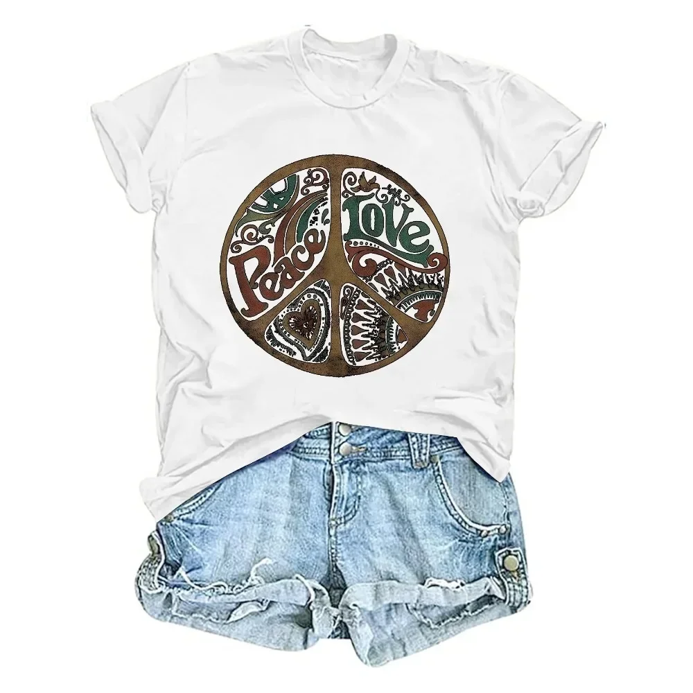 

Women'S Lightweight Stretchy Peace Sign Graphic T-Shirt - Vibrant Floral & Heart Design, Casual Round Neck Tee for