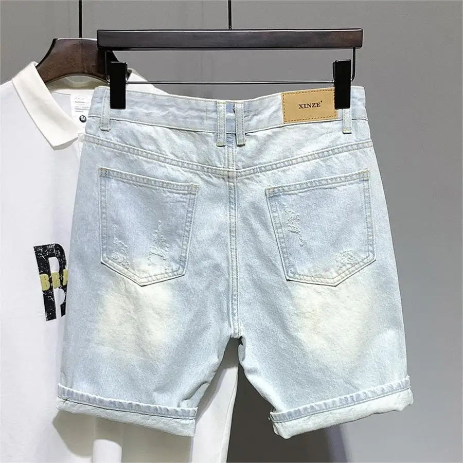 Man Designer Clothes Youth Light Blue Denim Shorts Men's Slim-fitting Fashion Ripped Five-point Pants Korean Streetwear Shorts
