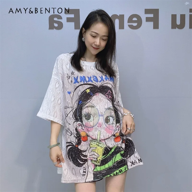 

European Style Cartoon Hollow Crew Neck Short Sleeves Loose T-shirts Pullover Women's Summer Medium And Long Hip Cover Lace Tees