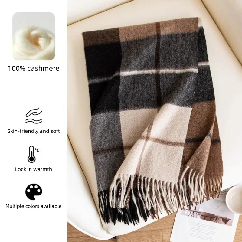 

Italian Style Retro 100% Cashmere Plaid Scarf Luxury High Grade Shawl Winter Warm Neck Protection Large Scarves for Men Women