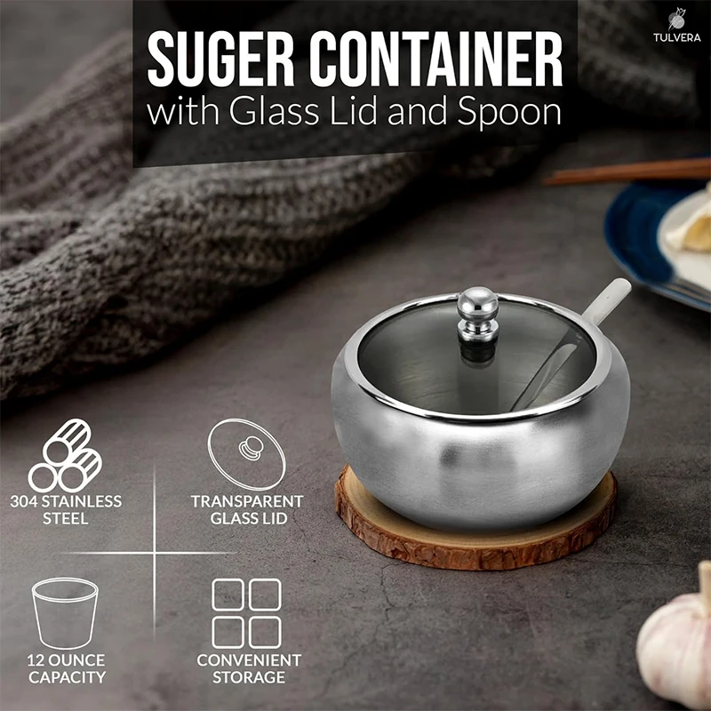 300ML Sugar Bowl Stainless Steel Sugar Pot with Clear Lid and Spoon Kitchen Drum Shape Condiment Container For Salt Sugar Cube