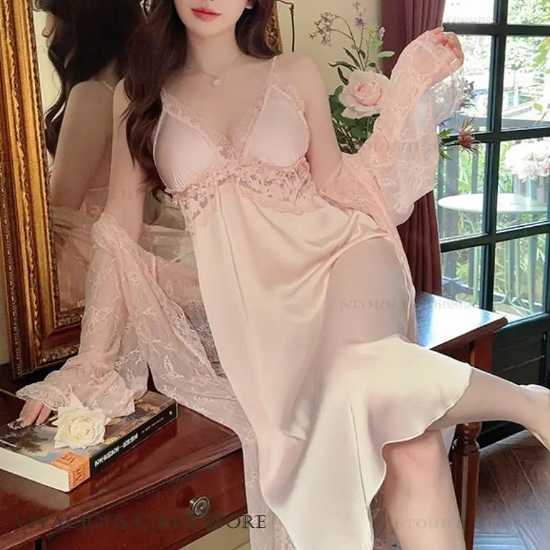 

New Female Twinset Robe Set Nightgown Sexy Perspective Lace Home Dressing Gown Sleepwear Loose Ice Silk Night Wear Loungewear
