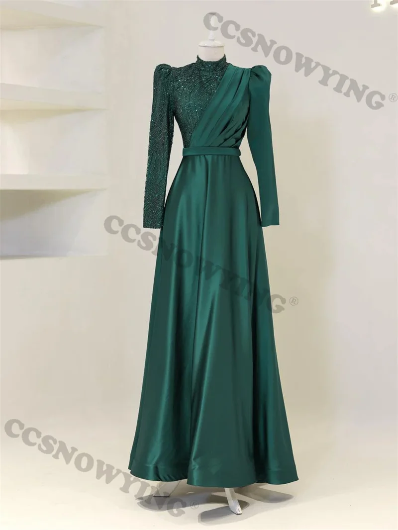 

Green Satin Sequin Muslim Hijab Evening Dresses Islamic Long Sleeve Formal Party Gown Women Arabic Dubai Robe De Soiree