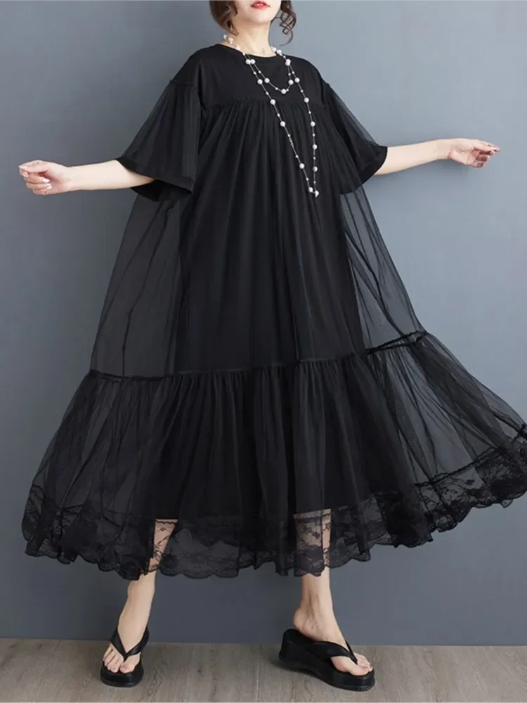 

Oversized Summer Mesh Patchwork Long Dress Women Short Sleeve Fashion Ruffle Ladies Dresses Loose Pleated Woman New Dress