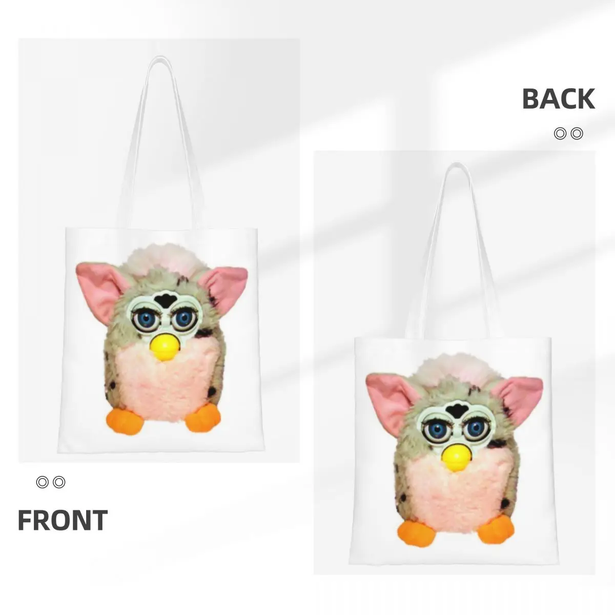 Custom Kawaii Leopard Furbys Cartoon Robot Toys Shopping Tote Bags Reusable Canvas Grocery Shoulder Shopper Bag