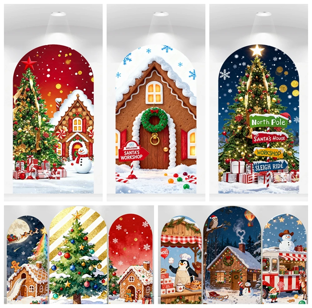 

Christmas Decorations Arch Background Santa Claus Christmas Tree Snowman Gift Children Party Decoration Photography Background