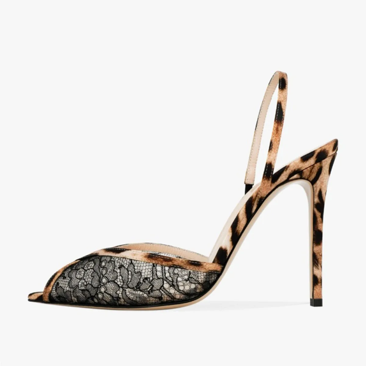 

Arden Furtado Summer Black Lace Banquet Shoes Pointed-toe Stilettos heels Back Strap leopard print Peep toe Sandals