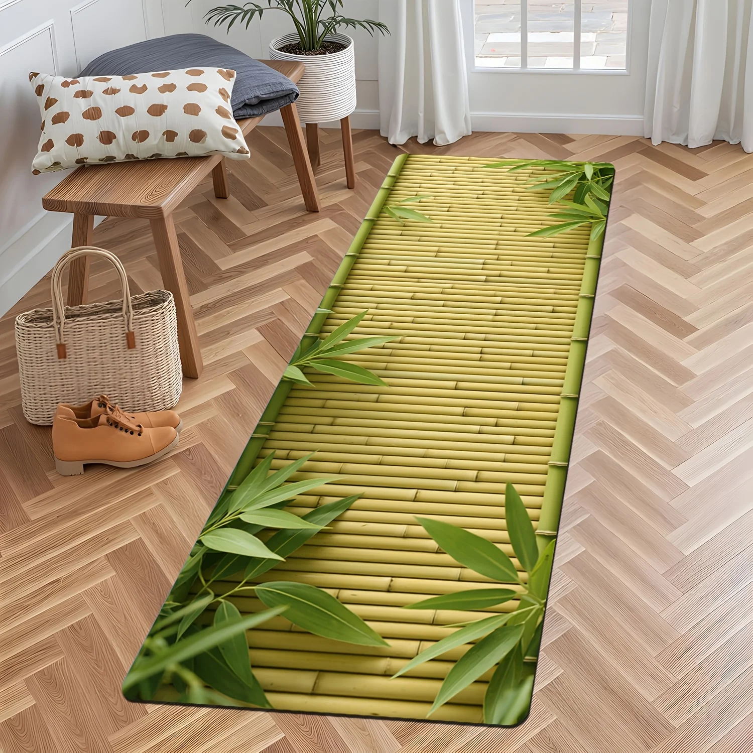 Fresh Bamboo Runner Mat Anti Slip Washable Simulated Strip Green Leaf Oriental Decor Rug for Kitchen Bedroom Entry Bath Floor