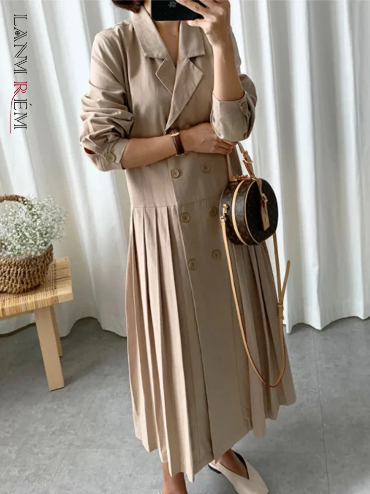 

LANMREM Fashion Fold Dress For Women Notched Collar Double Breasted Long Sleeves Female Loose Casual Clothing 2024 New 2DA6580