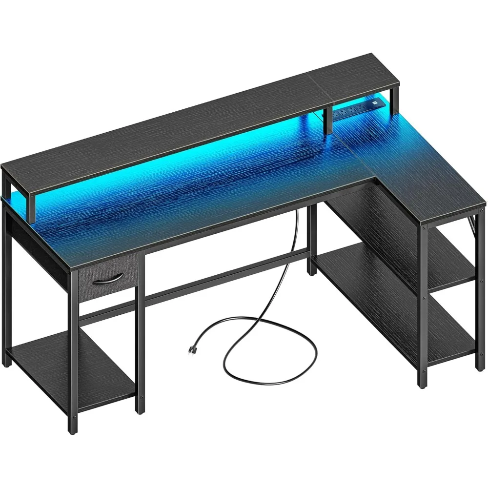 53 inch Reversible L Shaped Desk with LED Lights & Power Outlets, Computer Desk with Shelves & Monitor Stand