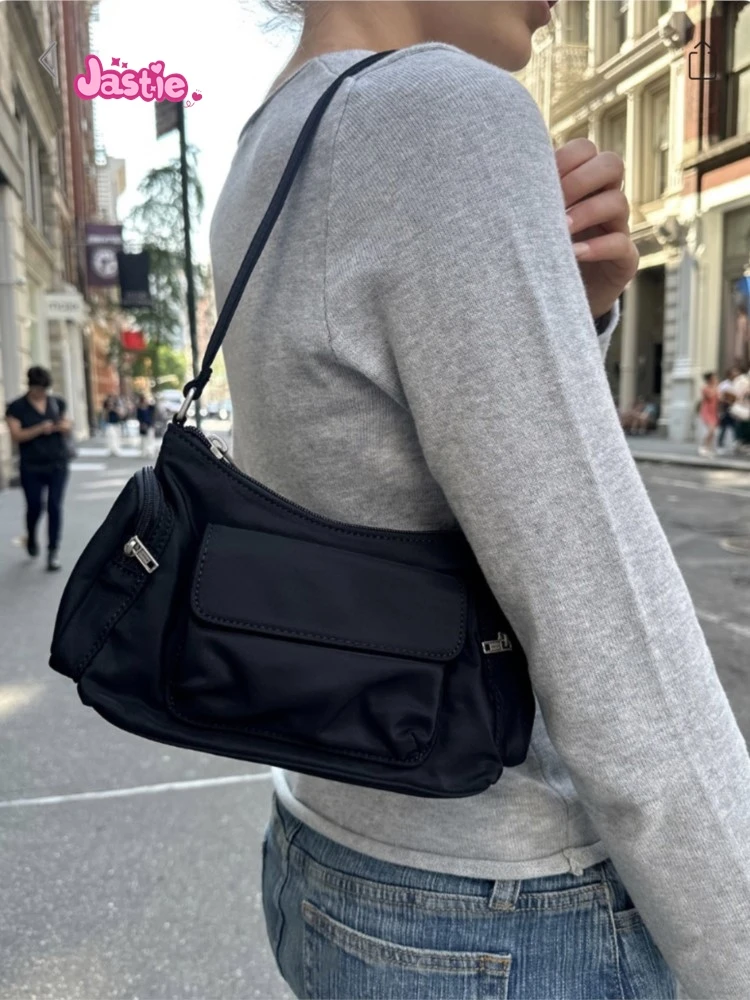 Multi Pocket Shoulder Zipper Bag Fashion Nylon Lightweight Solid Color Black Woman Bags Y2K Streetwear Underarm Bag 2024 New