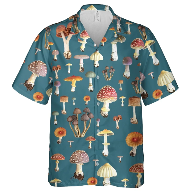 Kleurrijke Paddenstoel 3d Bedrukt Hawaiian Shirt Voor Mannen Zomer Vakantie Planten Strand Shirts Knoop Korte Mouw Straat Aloha Blouses