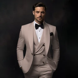 Elegant Beige Tuxedo Suit for Men 3 piece set Jacket Vest Pants Classic Attire for Wedding Dating Host Prom Ball Party Dress