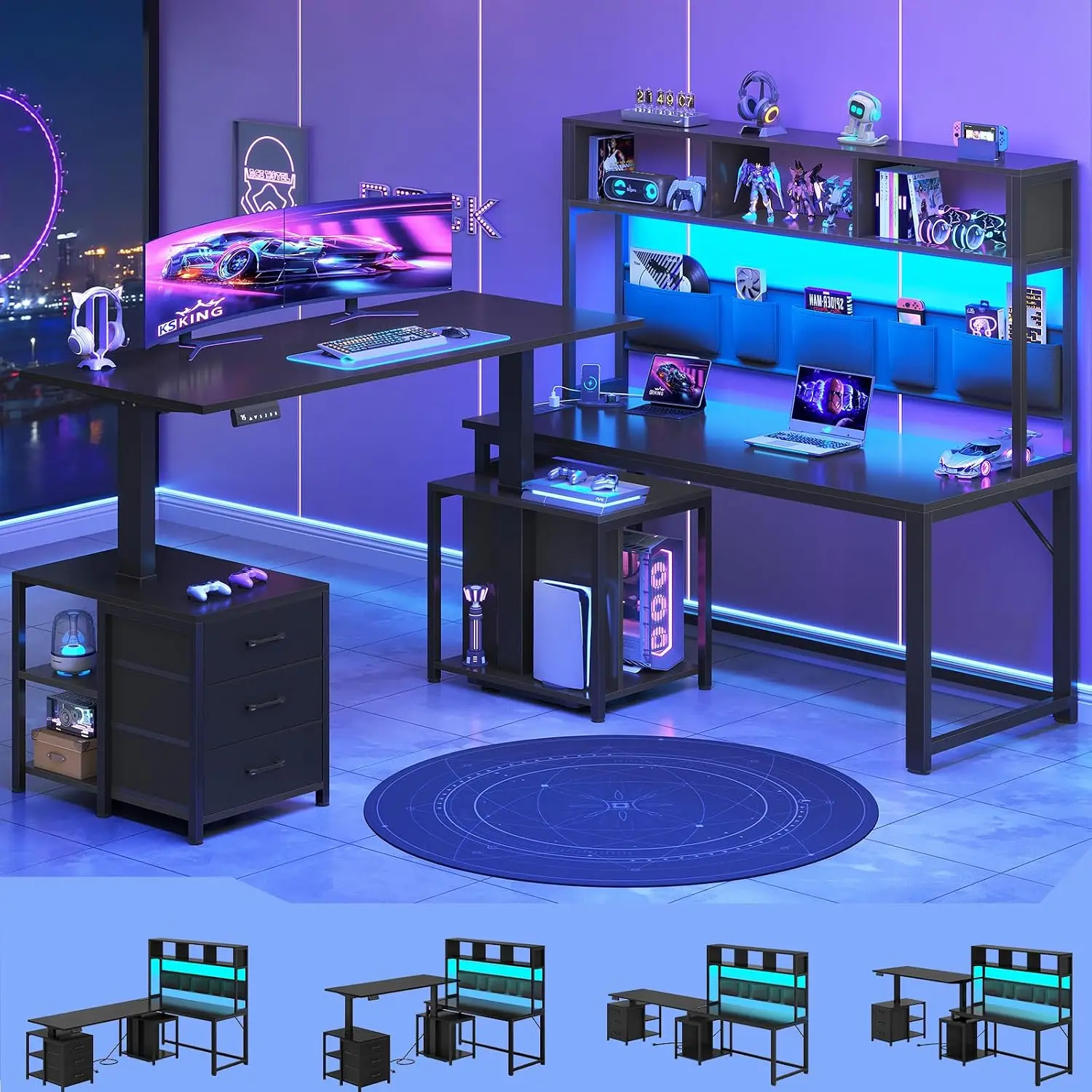 L Shaped Electric Standing Gaming Desk with 3 Drawer,LED Light, Customized