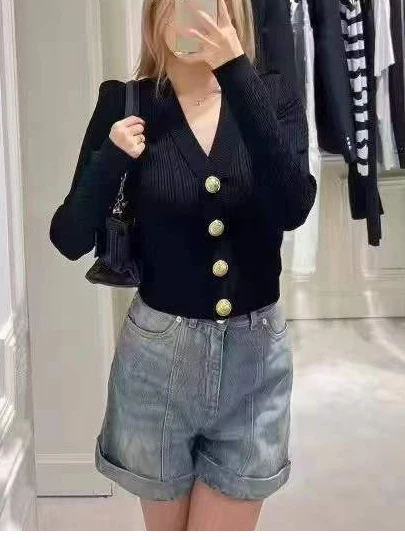 

Fall 2025 ort Sve V-Ne Knitted Open Cardigan Women's Sweater Jaet Luxury Sle Straight Cut Long Sve Metal Bule