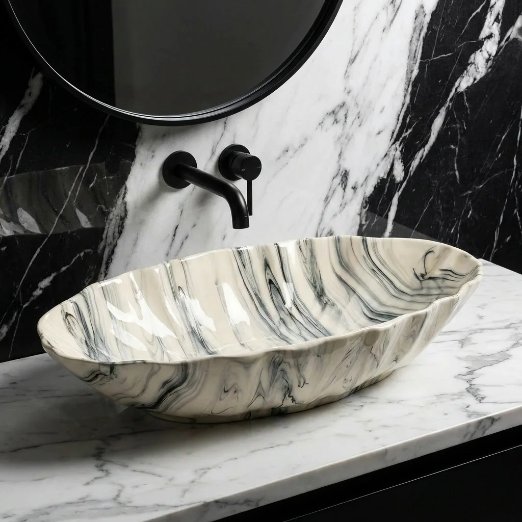 R*# Modern Farmhouse Diamond Grain Relief Gray Marble Ceramic Art Basin with Drainer for Bathroom Countertop Sinks