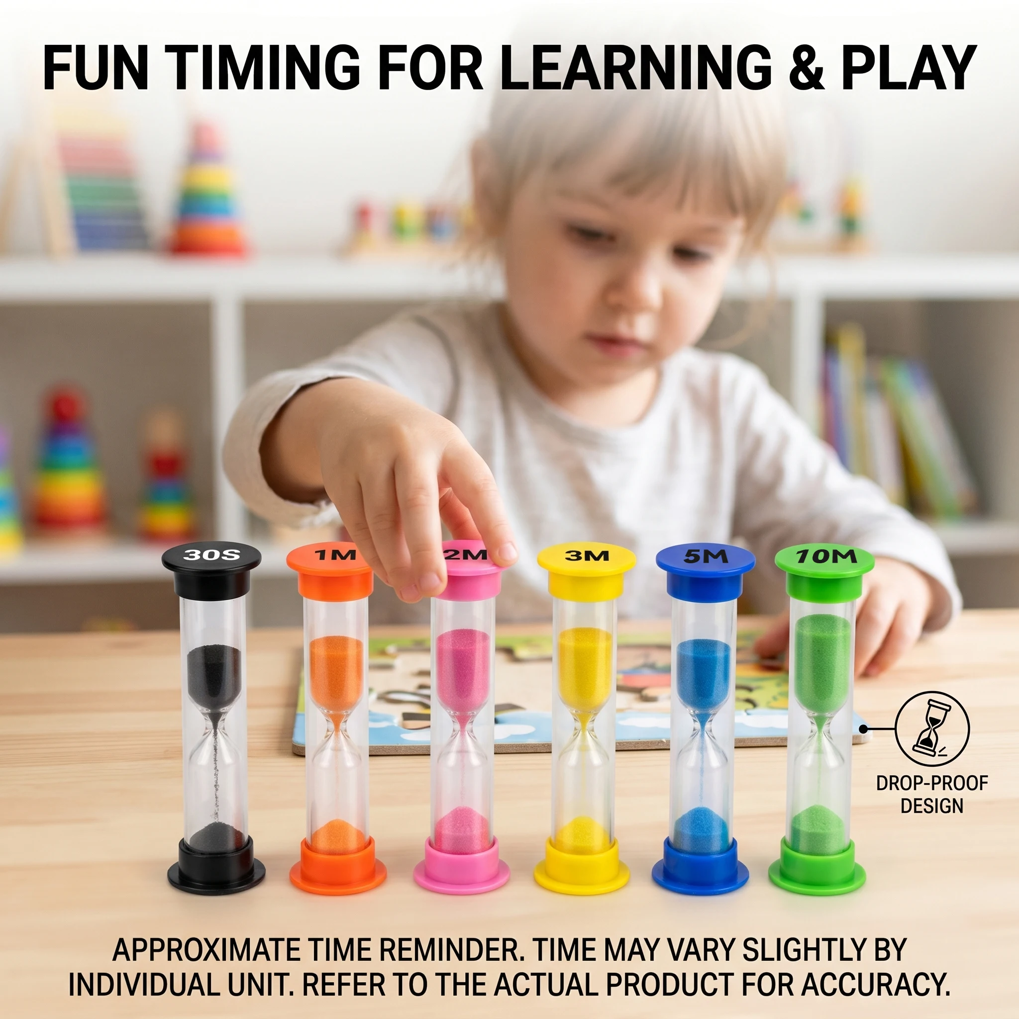 6Pcs Colorful Sand Timer Set 30 Sec 1 2 3 5 10 Minutes Plastic Hourglass Sand Clock for Kids Classroom Game and Home Kitchen