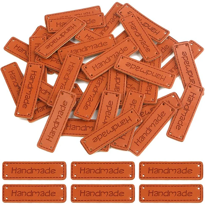 100pcs PU Leather Tags Handmade Labels Faux Leather Sew on Label Embellishment Knit Accessories with 4 Holes for DIY Crafts