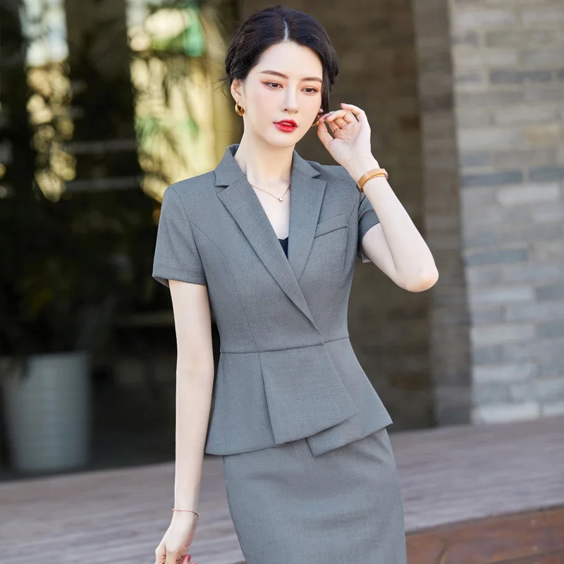 Professional Suit Collar Dress Women's Short Sleeve Fake Two-Piece Dress New White Collar Interview Formal Wear Jewelry Shop Wor