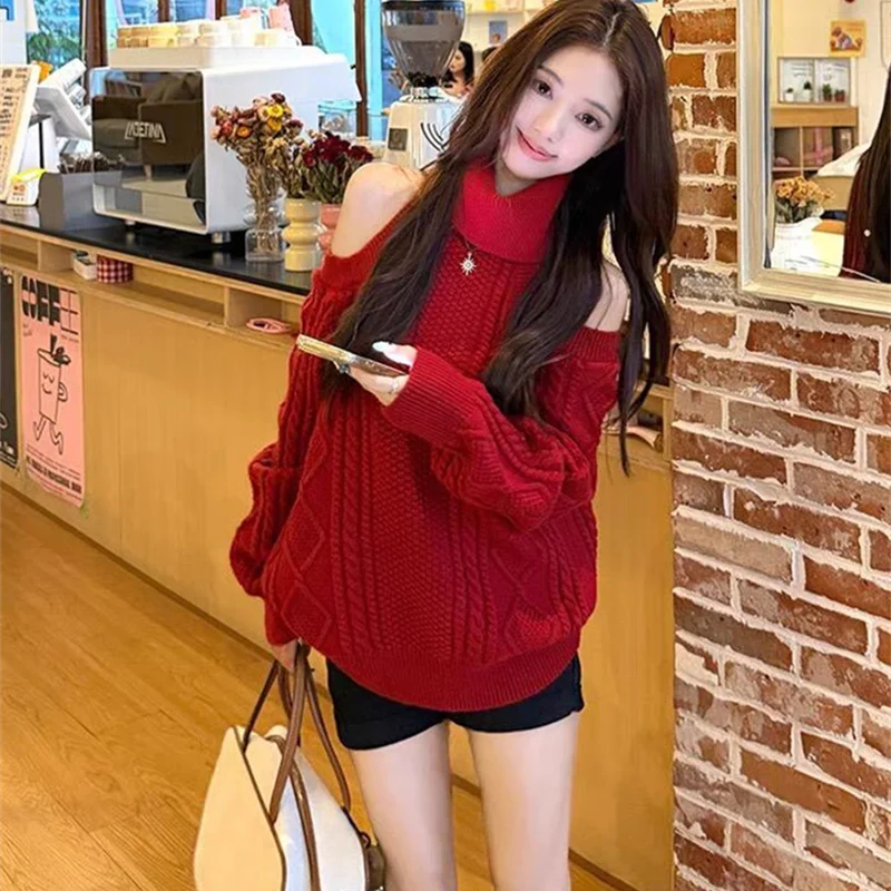 Korean Style Knitted Sweater Women Spring Autumn Winter Shoulder Bared Hollow Out Turtleneck Elegant Streetwear Pullover
