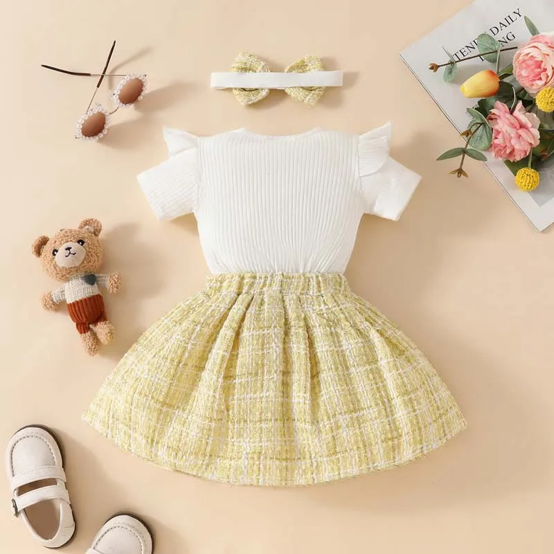 Baby Clothing Newborn Girl Set 0-18 Months Summer Pit Stripe Short Sleeve Embroidered Bear Bodysuit Skirts Hairband 3Pcs Outfits