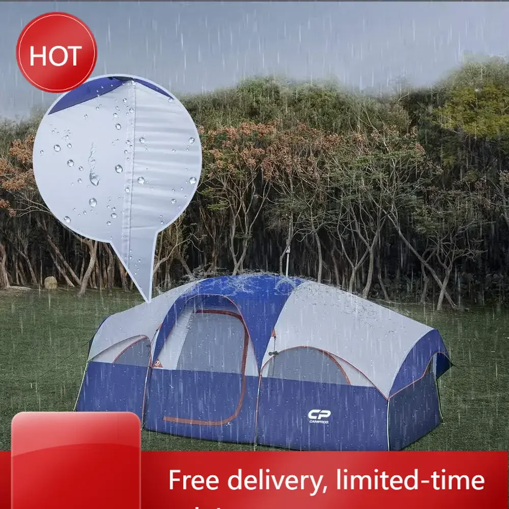 

Палатка для кемпинга на 8 человек, всепогодная семейная палатка, 5 больших сетчатых окон, двухслойная, с разделительной шторкой для зонирования пространства.