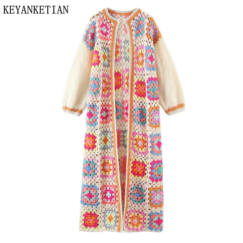 KEYANKETIAN Autumn New Hollowed-Out Hook Plaid Long Knitted Cardigan Adies Tribal Ethnic Wind Handmade Sweater Soft Bohemia