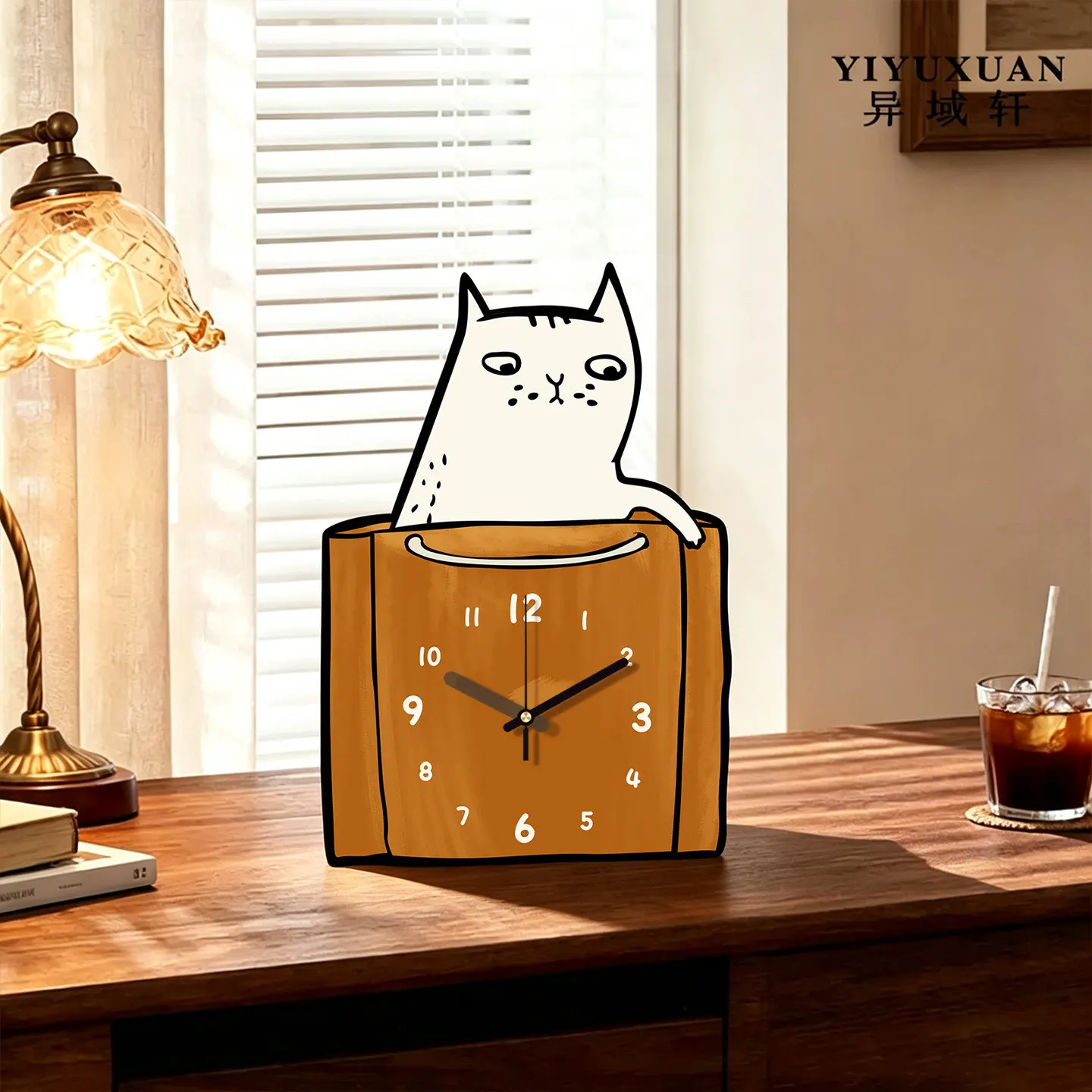 Ins Paper Bag Cat Desk Clock Cartoon Fun Desktop Clock Ornament 2026 New Artistic Children Room Table Clock