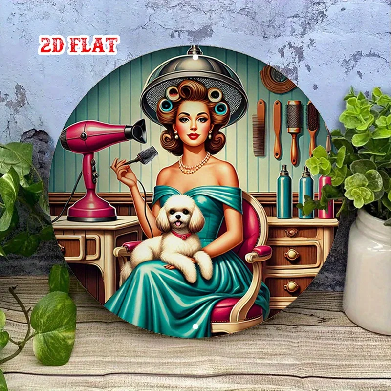 2D Flat, 1pc Vintage 1950s Beauty Salon Metal Wall Art - Round for Home, Cafe, Barber Shop, Door/Wall Decor - Mid-Century Salon