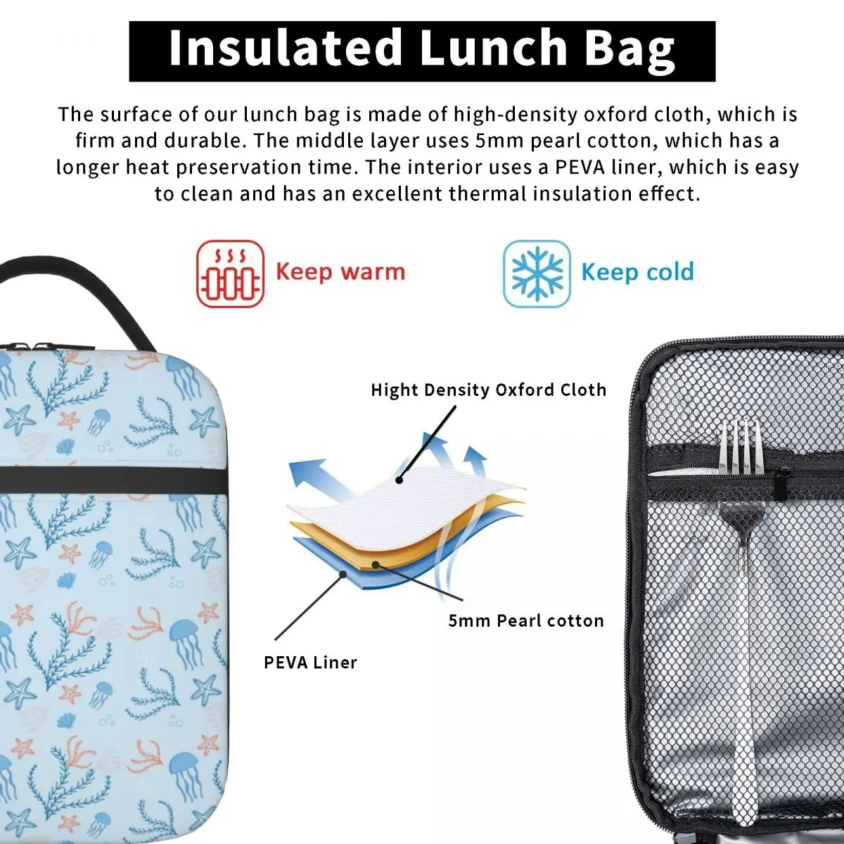 Custom Sea Blue Jellyfish Pattern Lunch Bag Women Cooler Thermal Insulated Lunch Boxes for Kids School