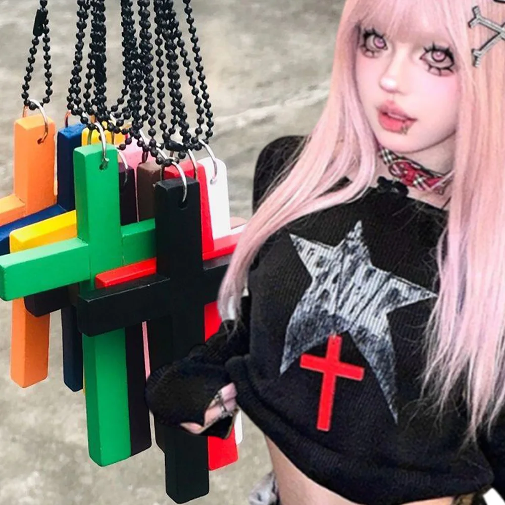 

Black Vintage Gothic Cross Wood Pendant Necklace Punk Y2K Fashion Women Necklaces New Design Chain Choker Necklace Jewelry Gifts
