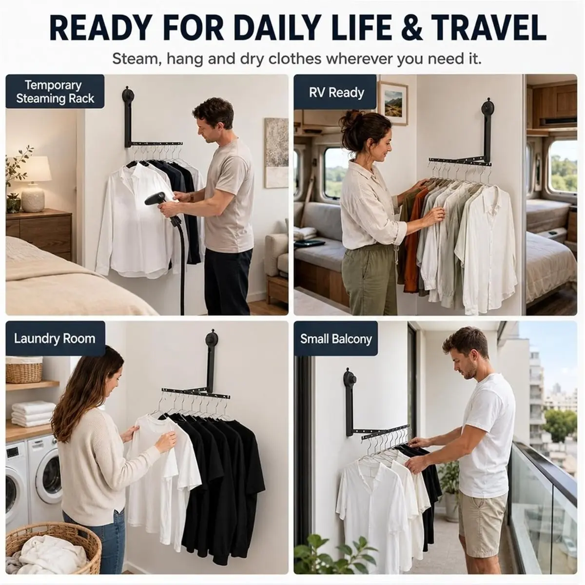 Home Tool Foldable Wall Mounted Clothes Rack with Suction Cup, No Drilling Hanging Rail, 12 Slots,Strong Load-Bearing Capacity
