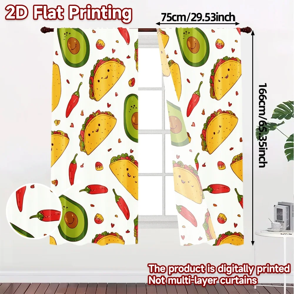 2pcs, 2D FLAT PRINTING Curtains (Without Rod) Taco Fiesta Popular Minimalist Curtains Versatile Polyester Curtains Versatile All