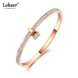 Lokaer Trendy Clay Pave Setting Crystal Lock Charm Bracelets Bangle For Women Stainless Steel Bracelet For Birthday Gift B20024